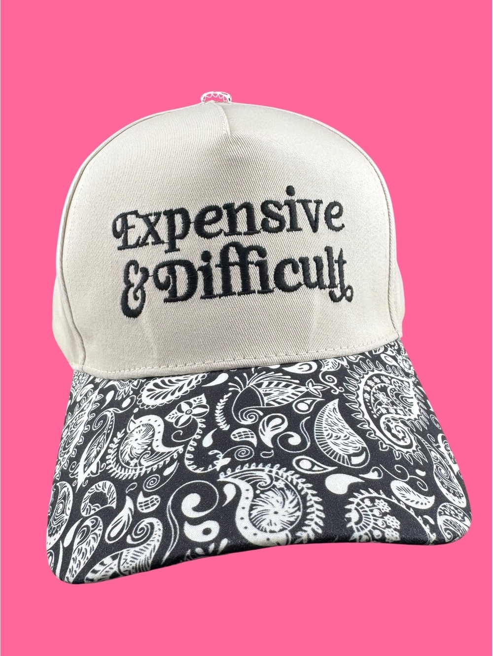 Beige and Black Baseball Cap with 'Expensive & Difficult'